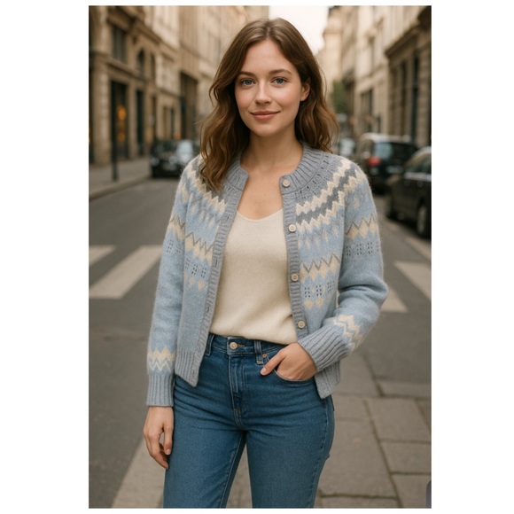 La Vie Rebecca Taylor Blue Fair Isle Wool Blend Cardigan Sweater NWT XL - Picture 2 of 15